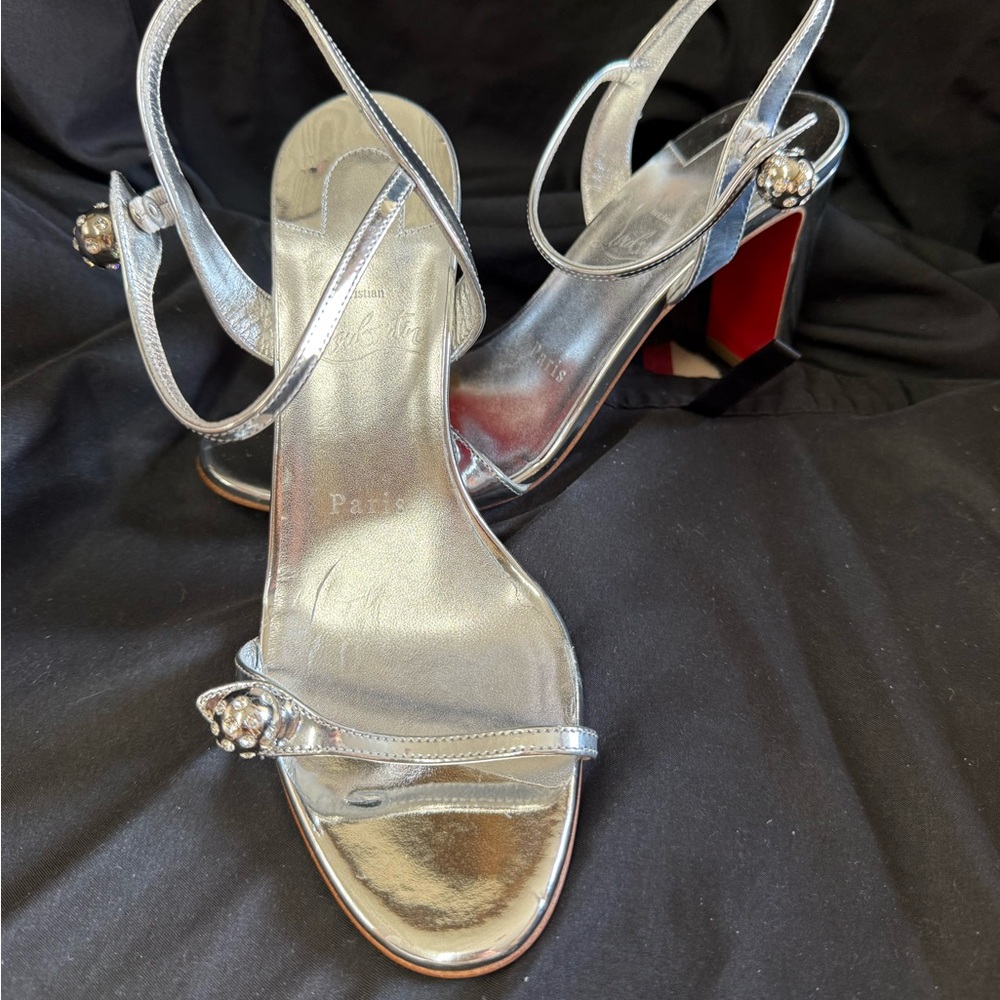 Christian Louboutin Silver Heels with Metallic Sole and Jeweled Embellishment
